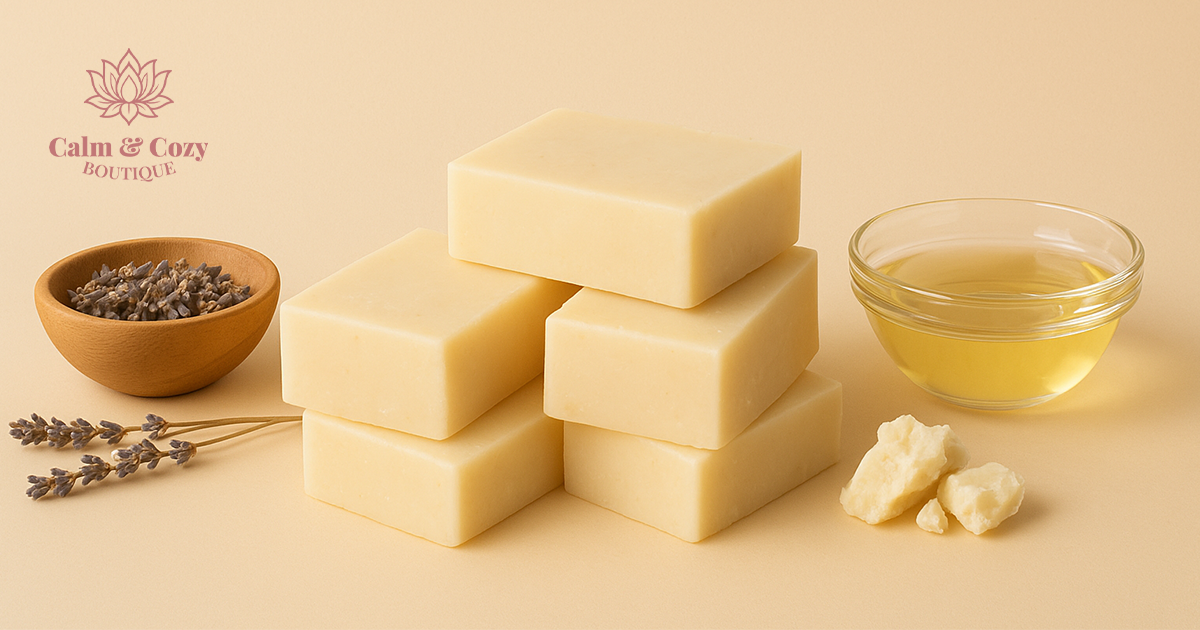 homemade bar soaps showcasing with calm and cozy boutique logo