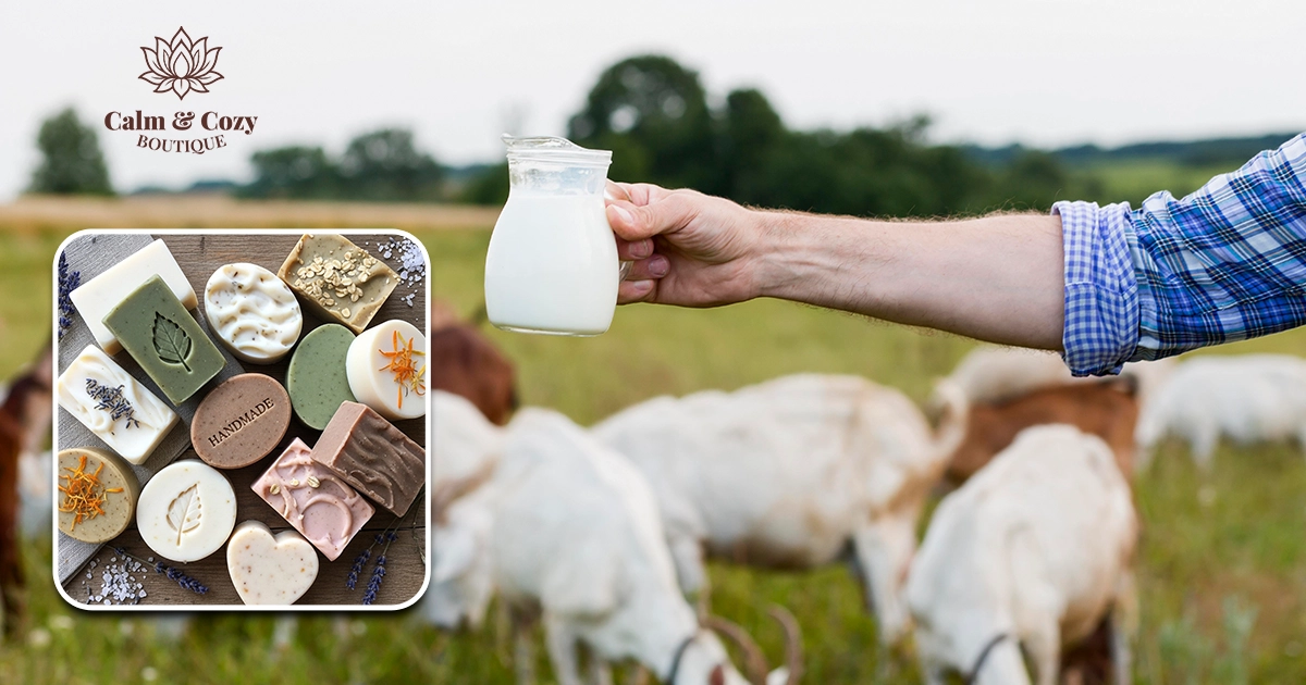 A banner for "Calm & Cozy Boutique" featuring a hand holding a pitcher of goat milk in a field with goats, and an inset of various handcrafted goat milk soaps.
