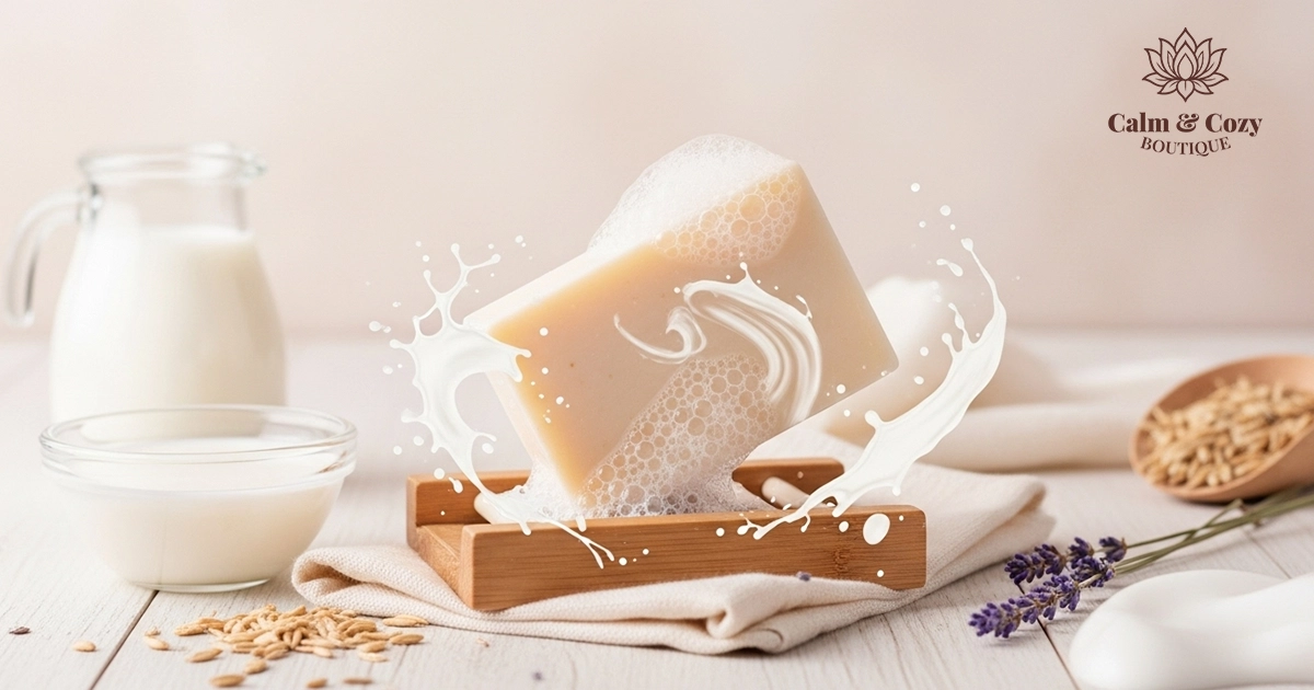 A "Calm & Cozy Boutique" banner featuring a bar of goat milk soap with creamy splashes, alongside a pitcher of milk, a bowl of milk, oats, and lavender sprigs, all on a light wooden surface.
